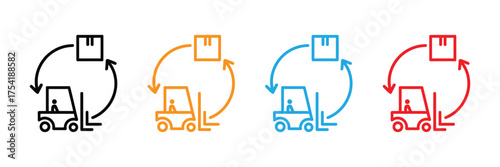 Set of four simple line icons representing a forklift moving a box in a circular motion, isolated on transparent background