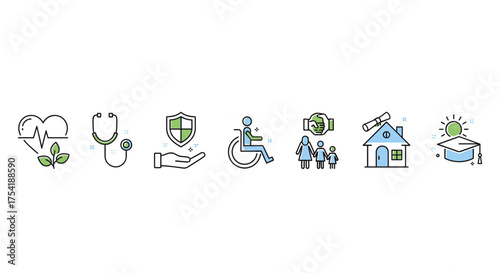 Health, life, home, and education insurance icon set. Social welfare, disability support, family protection, and healthcare concepts. Vector line icons for financial security.