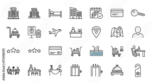 Hotel and travel service line icon set. Vector symbols for hospitality industry, booking, accommodation. Icons for reception, room service, guest, vacation, and tourism.