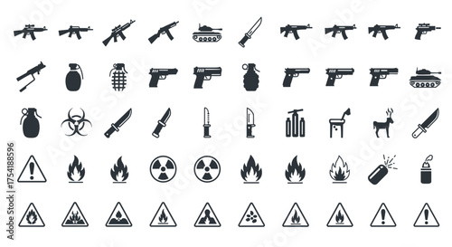 War and danger icon set. Collection of military weapon silhouettes including assault rifle, pistol, grenade, tank and knife. Includes biohazard, radioactive and fire warning signs.