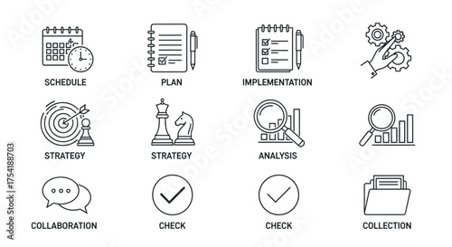 Set of business management and project strategy thin line icons. Includes schedule, planning, implementation, analysis, collaboration, checking, and data collection concepts. Vector.