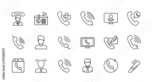 Business communication line icons set. Customer service, call center support, contact us, user profile, telephone, video conference, and helpdesk outline vector symbols.