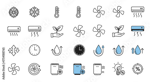 Air conditioning and climate control line icon set. Vector symbols for HVAC, heating, cooling, fan speed, ventilation, air purifier, humidity, temperature and eco mode.