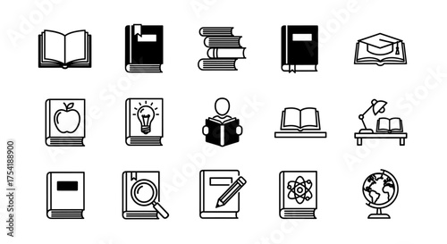 Education icons set. Includes book, reading, study, knowledge, learning, library, research, idea lightbulb, apple, globe, magnifier, pencil, graduation cap. Vector symbols.