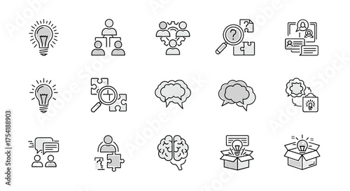 Business and innovation line icon set. Concepts of teamwork, brainstorming, creativity, idea, problem solving, analysis, and communication. Think outside the box metaphor.