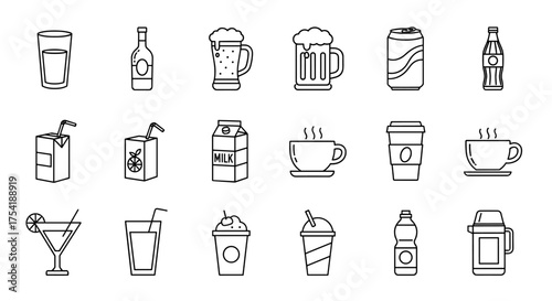 Set of drink and beverage thin line icons. Collection of various drinks like coffee, beer, soda, juice, milk, cocktail, water. Vector outline symbols for menu or web.