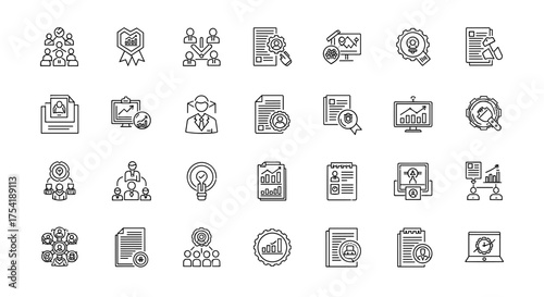 Business analytics and data management thin line icon set. Corporate strategy, teamwork, and performance metrics. Vector pictograms for UI UX design, website and mobile app.