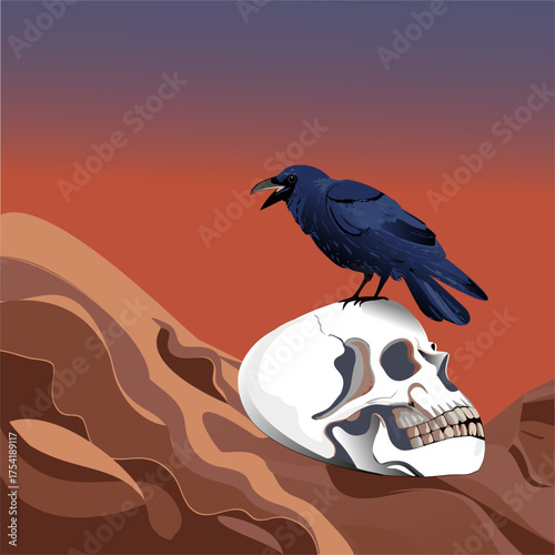Black bird perched on a skull on hot sand in a desert landscape