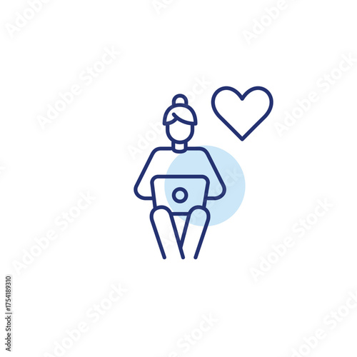 Woman working at laptop remotely and heart. Online freelance services. Pixel perfect, editable stroke vector icon