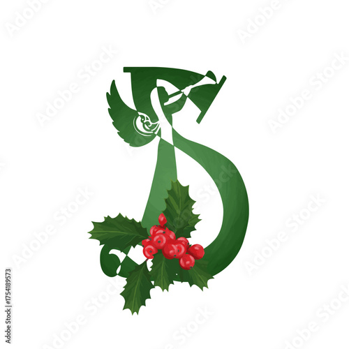 Christmas angel family monogram. Letter S on white background