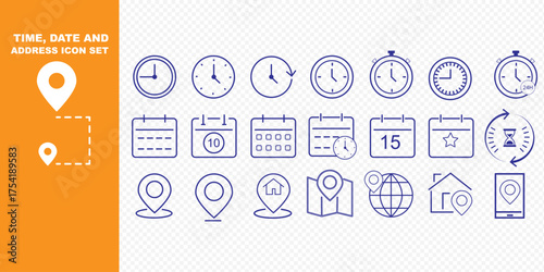 Time, date and address line icon set. Clock, calendar, location pin. Editable stroke. Vector illustration.