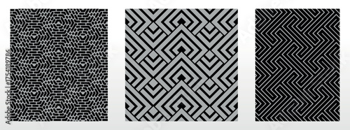Geometric set of seamless black and gray patterns. Simple vector graphics