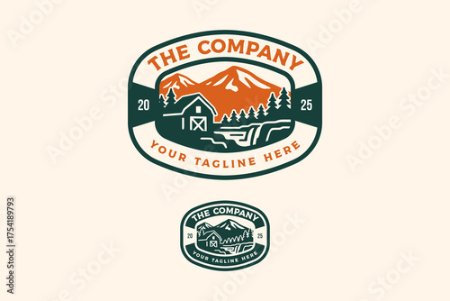 farm landscape with barn and mountains retro badge logo design for outdoor and organic. countryside nature with pine trees and river vintage illustration patch design for adventure wilderness.