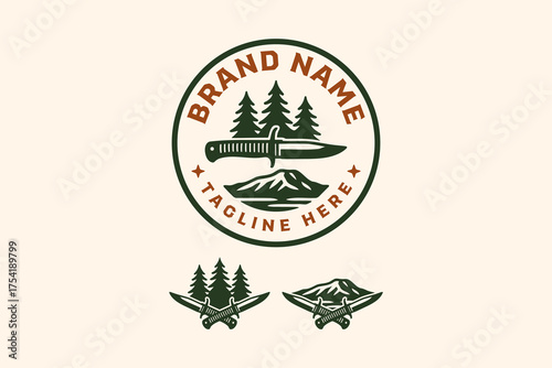 hunting knife with pine forest and mountain vintage badge logo design set for hunt sport adventure. survival gear and tactical outdoor with knife, mountain, pine trees retro patch vector illustration.