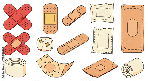 Collection of Adhesive Bandages A Variety of Plasters for Wound Care and First Aid Treatments