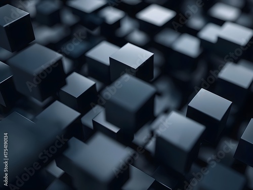 Abstract 3D cubes gracefully float against a dark futuristic digital background creating a sense of modern design and depth