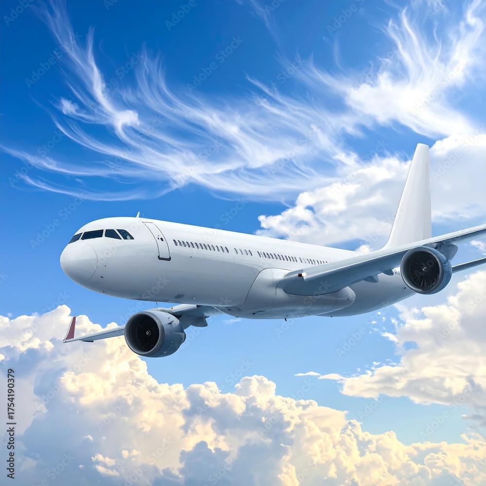 Obraz premium A white passenger jet soars high above fluffy white clouds, under a bright blue sky