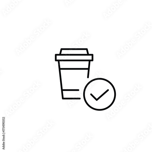 Takeaway coffee up and checkmark. Pixel perfect, editable stroke vector icon
