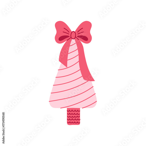 Girlish Christmas Tree with Ribbon top. Hand drawn Holiday Pine with pastel candy colors and tied bow for cute winter card, invitation, and feminine Xmas decor. Playful flat vector illustration