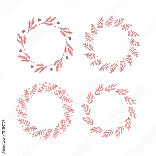 Romantic Pink Branch Wreath Set. Cute Pink Botanical Circle Frame Collection. Minimalist hand drawn Wedding invitation and greeting card design. Vector illustration