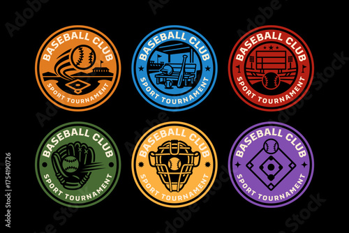 baseball club with field and gear retro badge logo design set for sport tournament. baseball team with bat, glove, helmet, ball, scoreboard, stadium vintage emblem element design. vector illustration