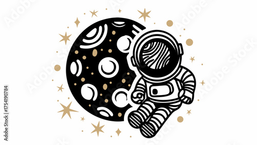 Whimsical astronaut floats near stylized planet surrounded by starry celestial elements, perfect for adventure themes.