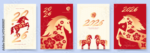 Chinese New Year 2026 posters collection. Trendy vector cards with Chinese patterns, horses in red and gold colors, adorned with authentic Chinese symbols. Hieroglyphic means horse. Concept flyers.