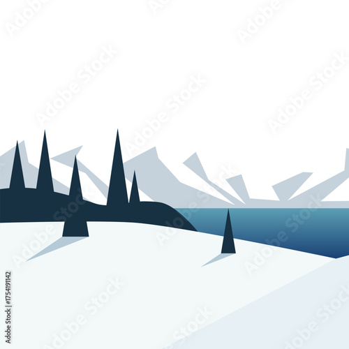 Winter snow landscape with mountains, fir trees, and a lake. Scenic nature view for holiday and seasonal design.