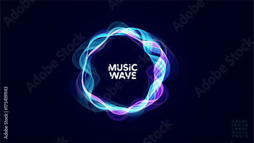 Music wave sound waveform audio bass beat circular wavy rings radial glow equalizer pulse round glowing soundwave with bold round font logo alphabet for radio dj, edm, podcast. Vector illustration