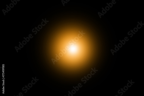 Lens flare and light beam on dark background yellow color, photo from lens camera