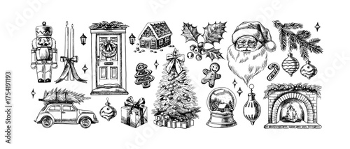 Christmas invitation card with hand drawn holiday elements. Festive mood, elegant vintage design. Vector sketch illustration.