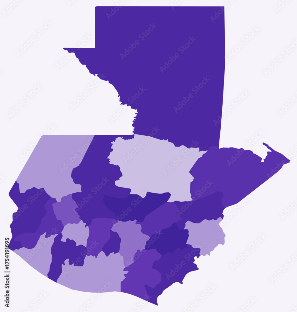 Fototapeta premium Map of Guatemala with regions. Just a simple country border map with region division. Deep purple color palette. Flat Guatemala shape with administrative division. Vector illustration.