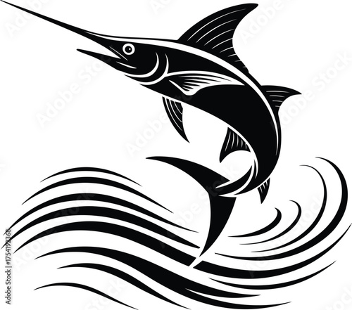 Dynamic marlin leaping from ocean waves for fishing sport silhouette