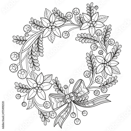 Beautiful flower door wreath and bow hand drawn for adult coloring book