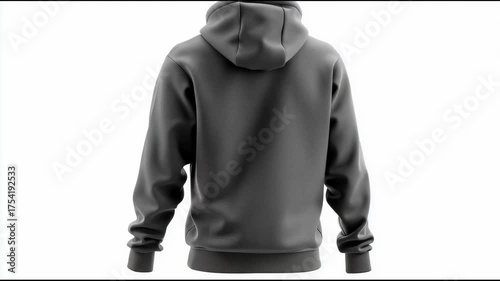 Grey hooded sweatshirt (hoodie) with drawstrings, isolated on white, front view, clean studio style.