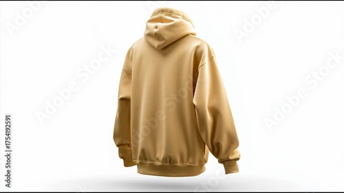 Yellow hoodie with front pocket, isolated on white, soft natural light.