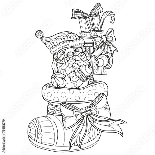 Santa in socks hand drawn for adult coloring book