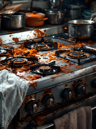  Macro shot of an unclean, rusted glass gas stove surface, representing cleanu