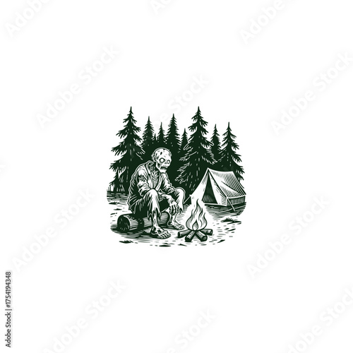 Vintage engraving illustration of a skeleton or zombie character sitting by a campfire at a campsite in the woods, with a tent and pine trees in the background