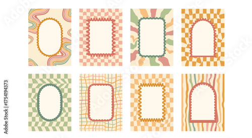Scallop text boxes frames set. Wavy groovy arch, rectangle borders isolated on checkered and uneven rainbow lines background. Y2k retro decorative callouts on starburst vector blank.