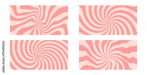 Groovy swirl pink starburst horizontal backgrounds set. Retro hypnosis spiral sun rays girly illustrations collection. Vector wavy carnival decoration. Radial creamy colors stripes vintage backdrops.