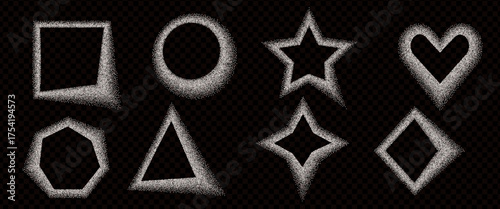 Flour uneven geometric shapes frames set. Grainy noise shade textured white sugar y2k borders elements. Heart, rectangle, heptagon, triangle and circle dotwork text boxes. Vector salt callout forms.