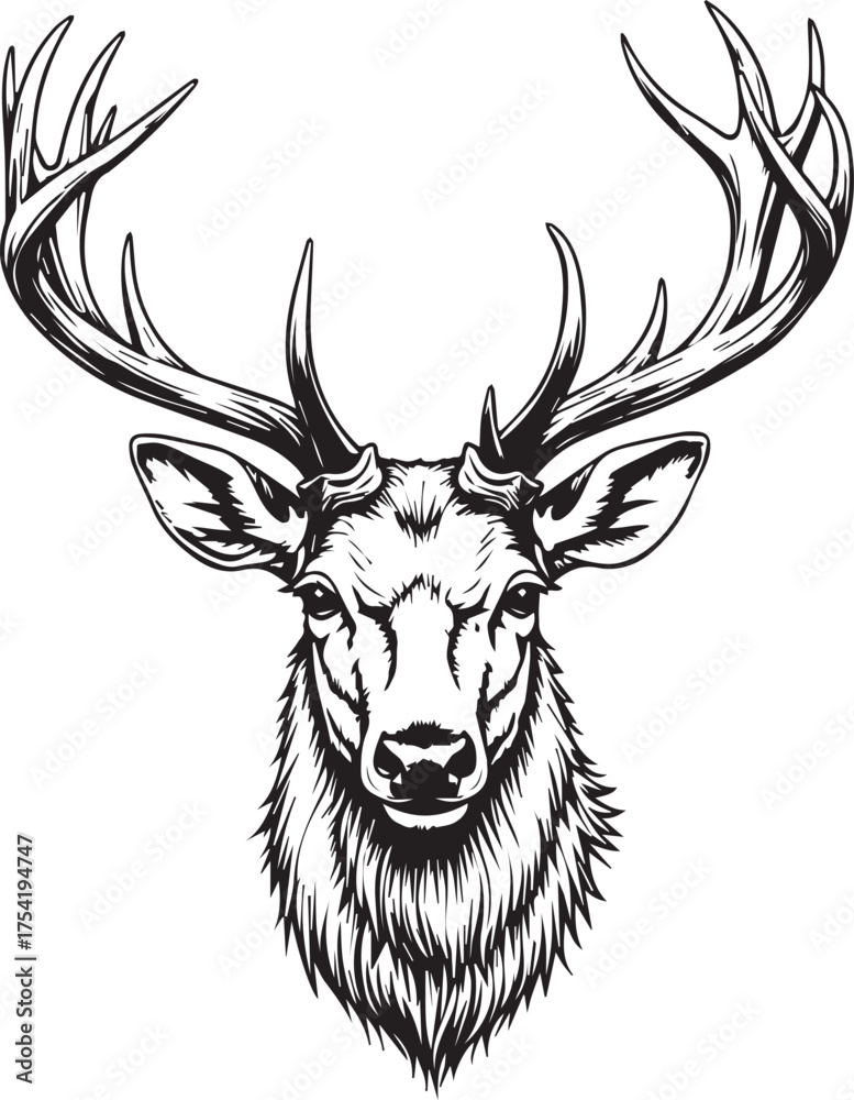 Naklejka premium A regal deer head with magnificent antlers in a detailed line art illustration. Capturing the strength and elegance of nature's majestic creature.