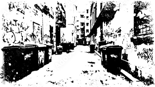 Engraving of an urban alley with garbage bins. Vector illustration featuring detailed textures, walls, and graffiti in a vintage black and white style.