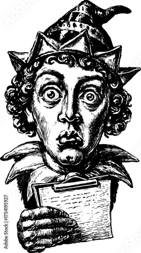 Jester character with surprised expression holding a clipboard. Black and white vector illustration depicting a theatrical scene in vintage style.