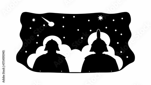Two silhouetted watchmen under a starry night sky observing cosmic events in striking minimalist style