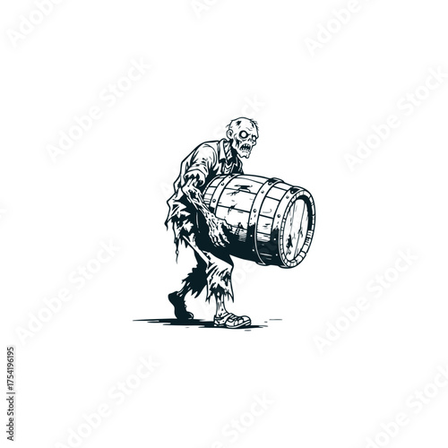 Vintage engraving illustration of a zombie character struggling to carry a large wooden barrel or cask