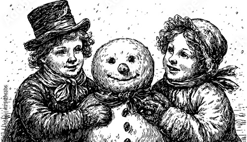 Snowman and children in vintage winter scene. Black and white ink drawing with hats, scarf, gloves, and buttons. Monochrome vector illustration.