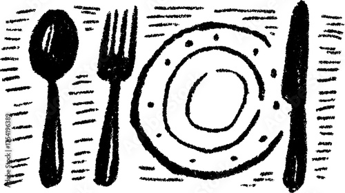 Plate, fork, and spoon. Simple black and white dining set vector illustration.