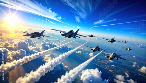 Elite Fighter Jet Squadron Soars Through Dramatic Sunset Sky Leaving Smoke Trails